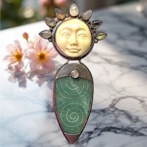 Signed Sajen Balvine Bone & Jade & 925 Huge Pendant and Brooch 1980's